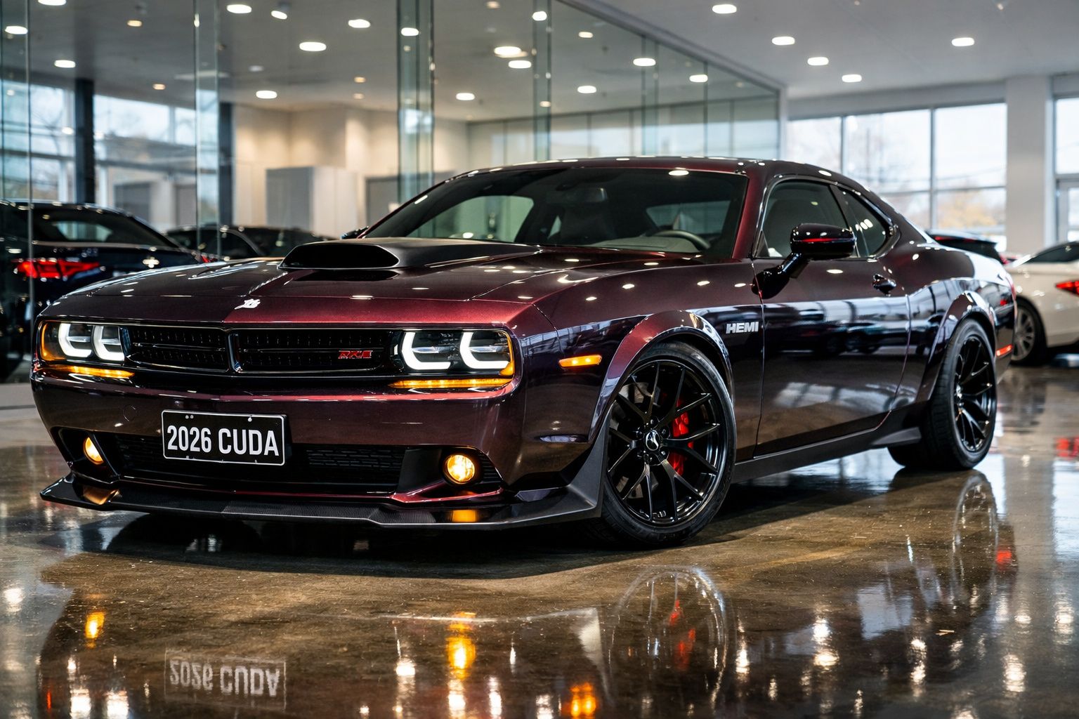 Carro muscle car Dodge Challenger vermelho escuro com faróis dianteiros ligados em exposição interior.