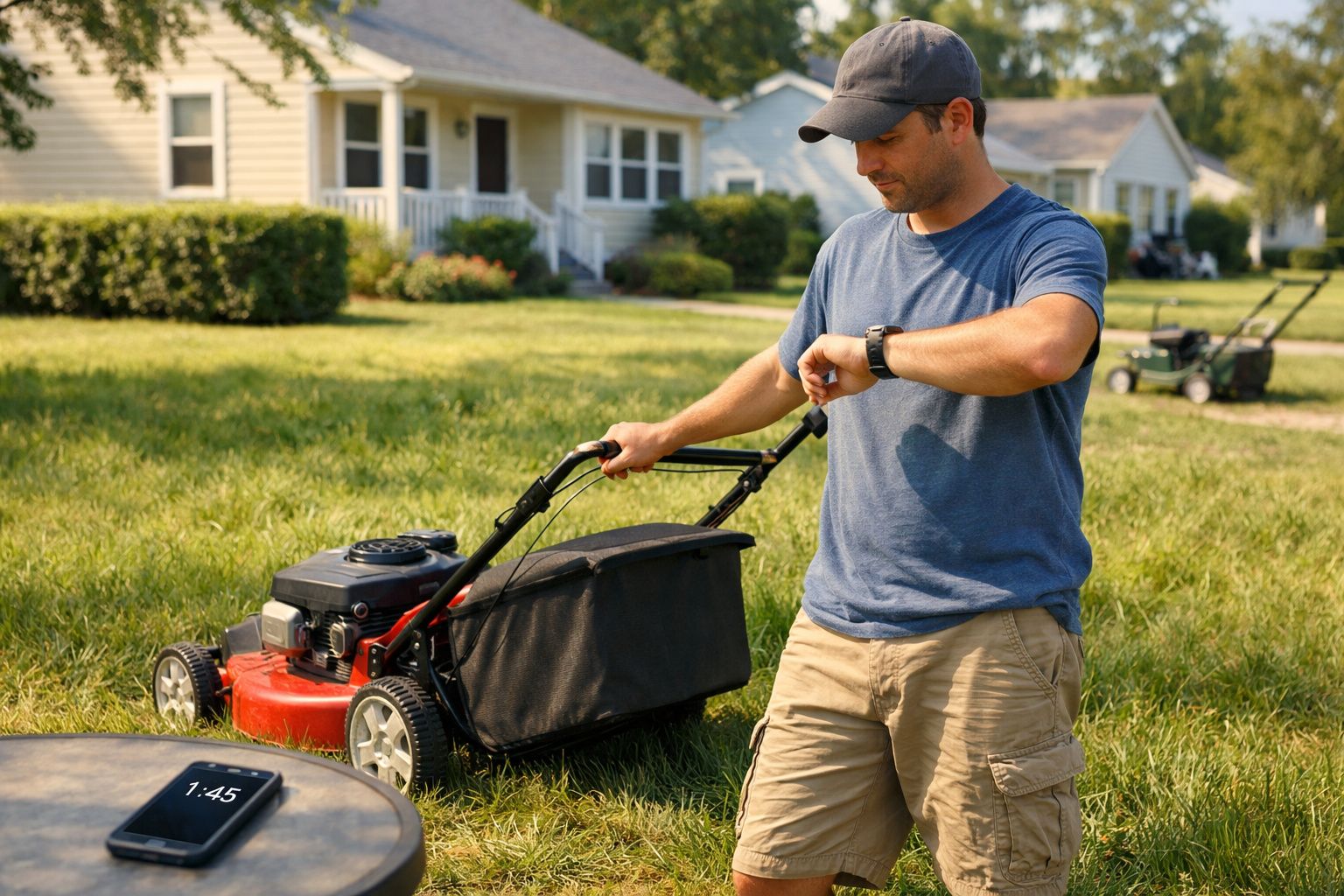Homem com boné a preparar máquina de cortar relva no jardim de uma casa suburbana.