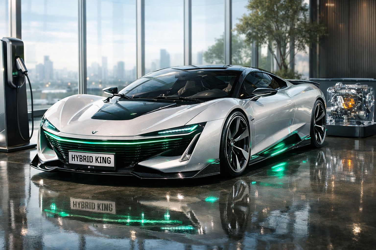 Carro desportivo elétrico prateado com luzes verdes, junto a posto de carregamento numa sala moderna.