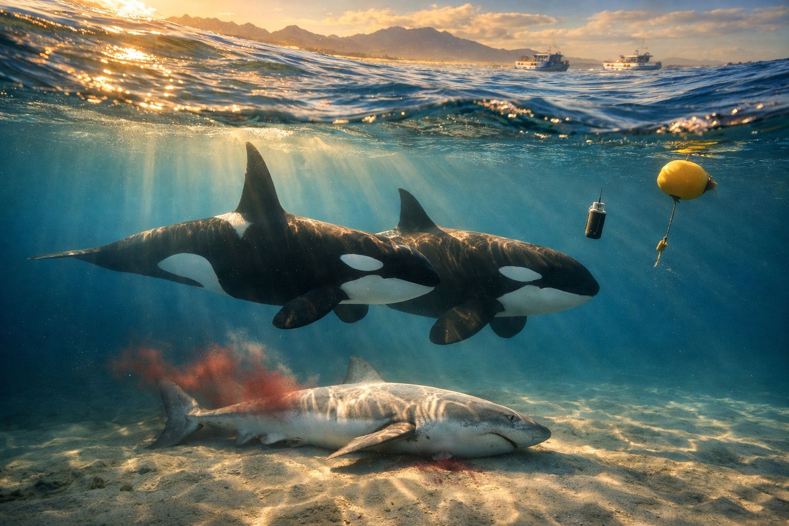 Orcas nadam perto da superfície enquanto tubarão ferido repousa no fundo do mar com manchas de sangue.