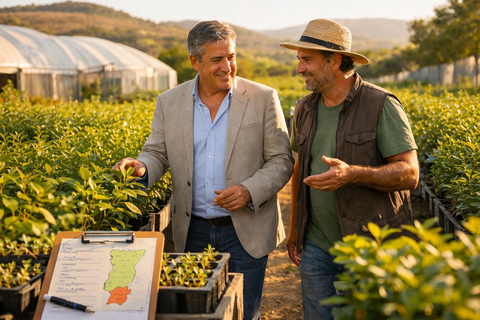 Dois homens conversam numa estufa agrícola entre plantas em vasos, com um clipbord ao lado.
