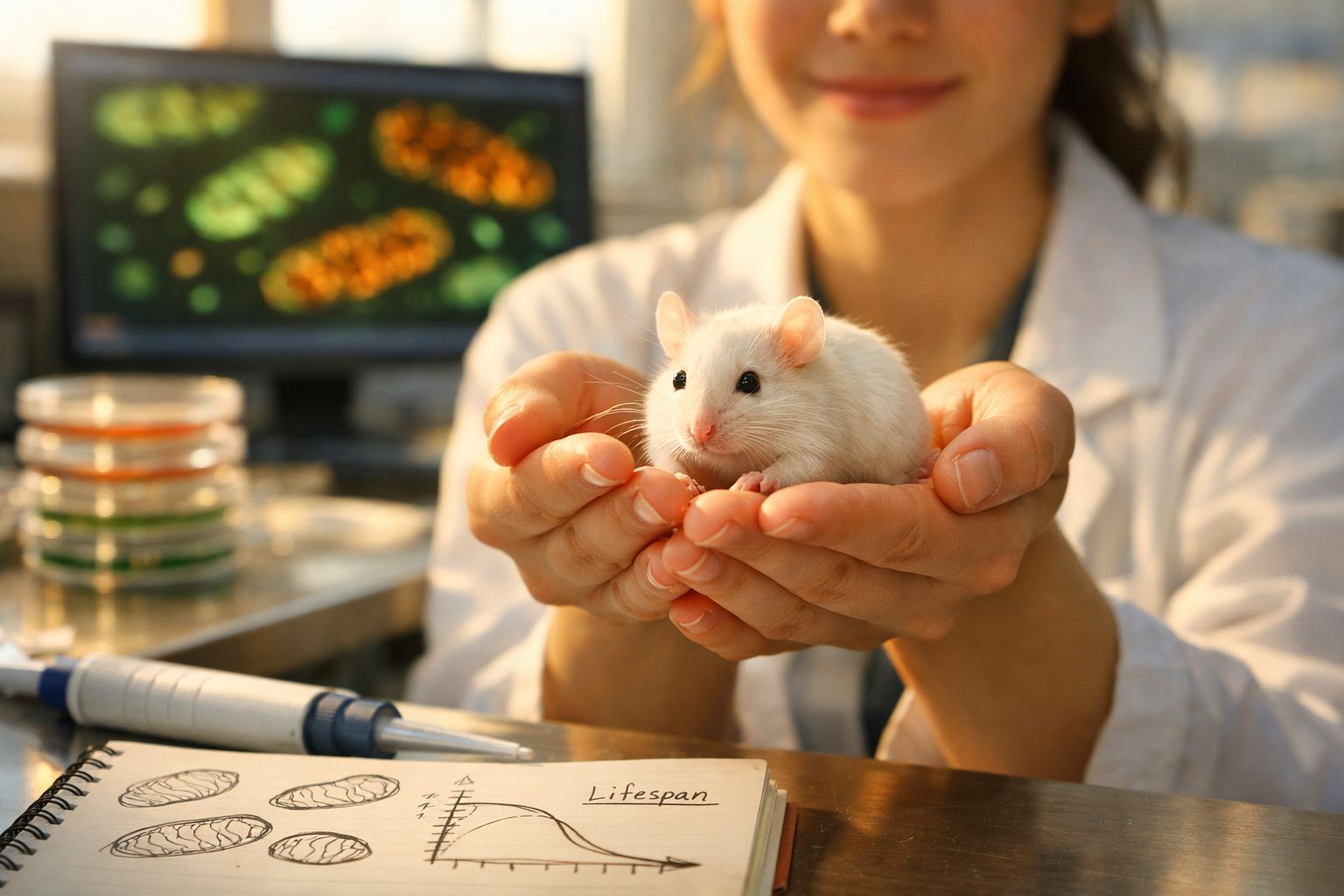 Investigadora segura um rato branco em laboratório, com livros e bactérias ao fundo.