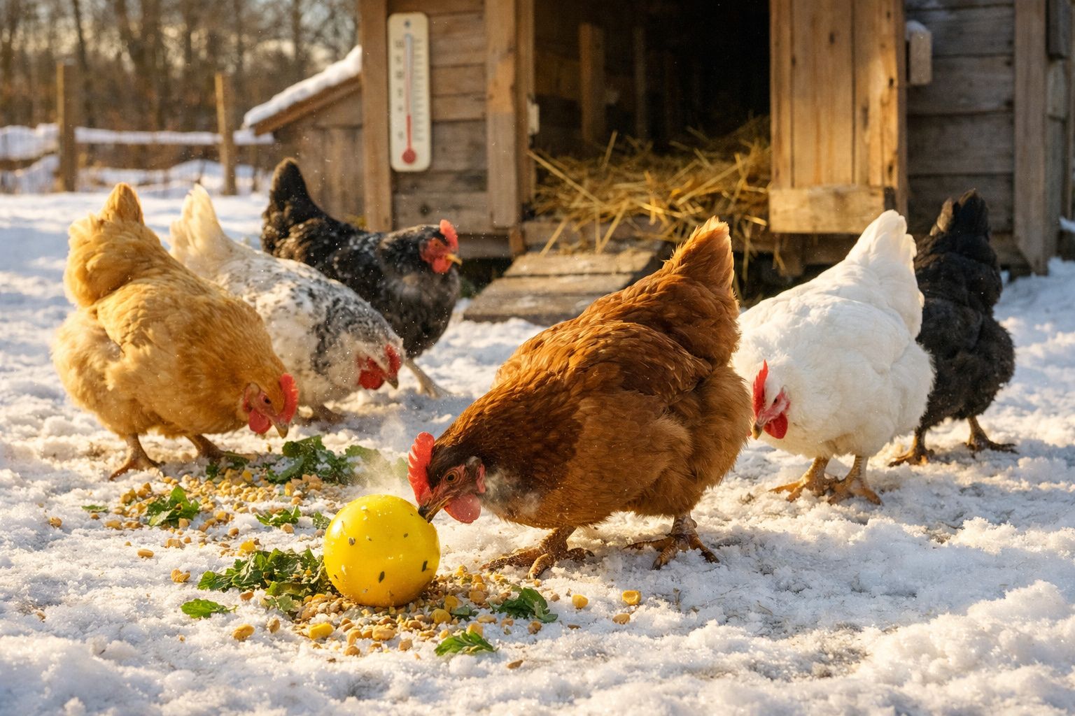 Galinha a comer alimentos no chão nevado perto de um galinheiro de madeira com termómetro.