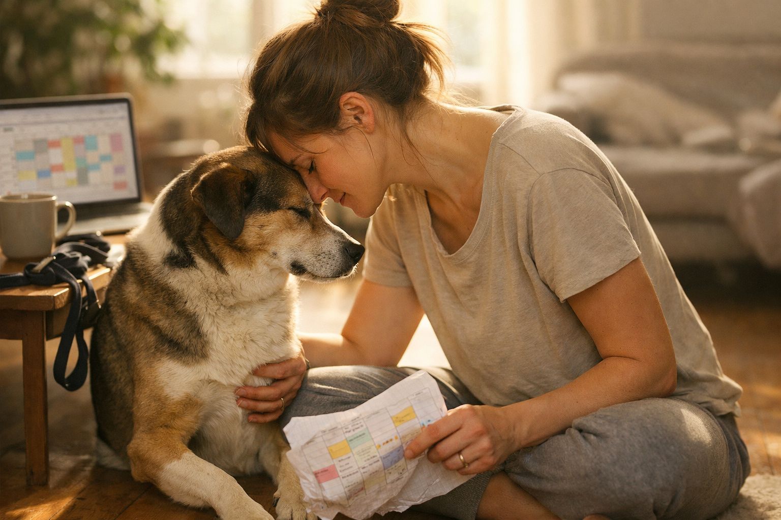 Mulher sentada no chão com cão, encostando a testa no focinho do animal, em ambiente acolhedor.