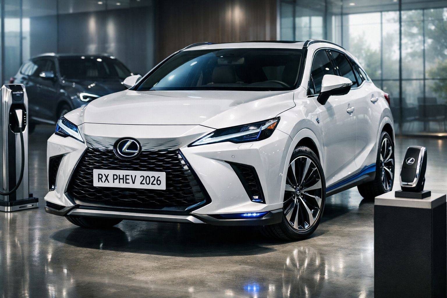 Carro SUV elétrico branco Lexus RX PHEV 2026 estacionado num showroom com carregador elétrico.