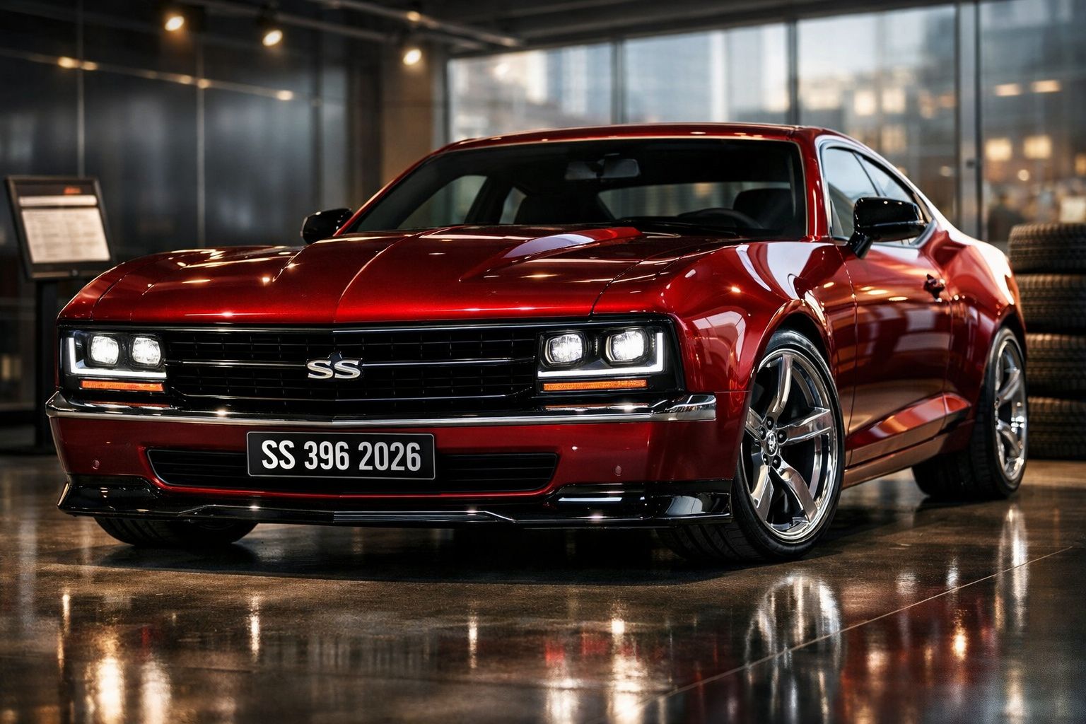 Carro desportivo clássico vermelho com luzes dianteiras acesas e matrícula SS 396 2026 em exibição interior.