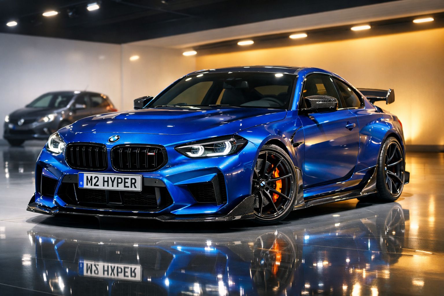 Carro desportivo BMW azul com pormenores pretos e jantes pretas em espaço interior iluminado.