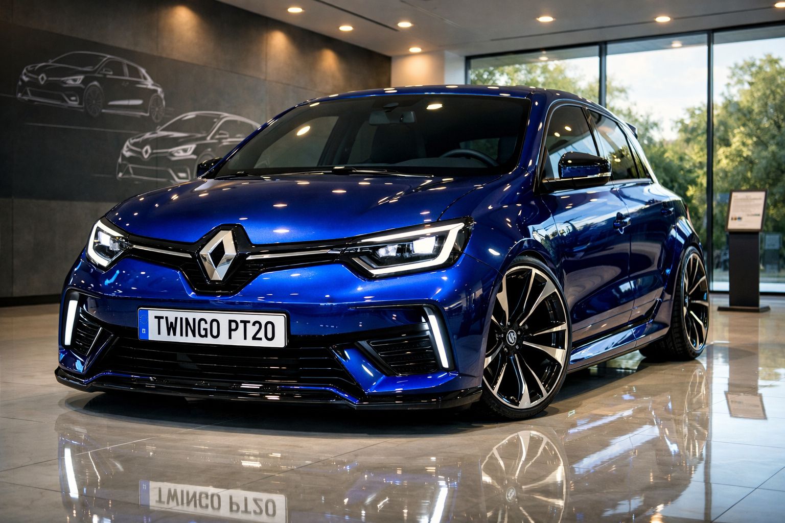 Carro Renault Twingo azul com faróis LED ligado, estacionado em showroom moderno com chão polido.
