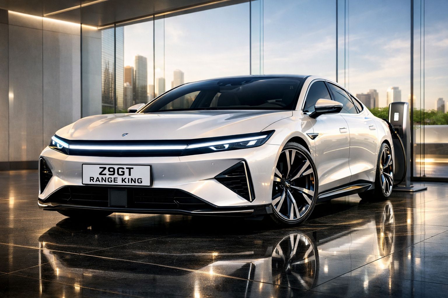 Carro elétrico branco modelo Z9GT Range King estacionado numa garagem moderna com parede de vidro.