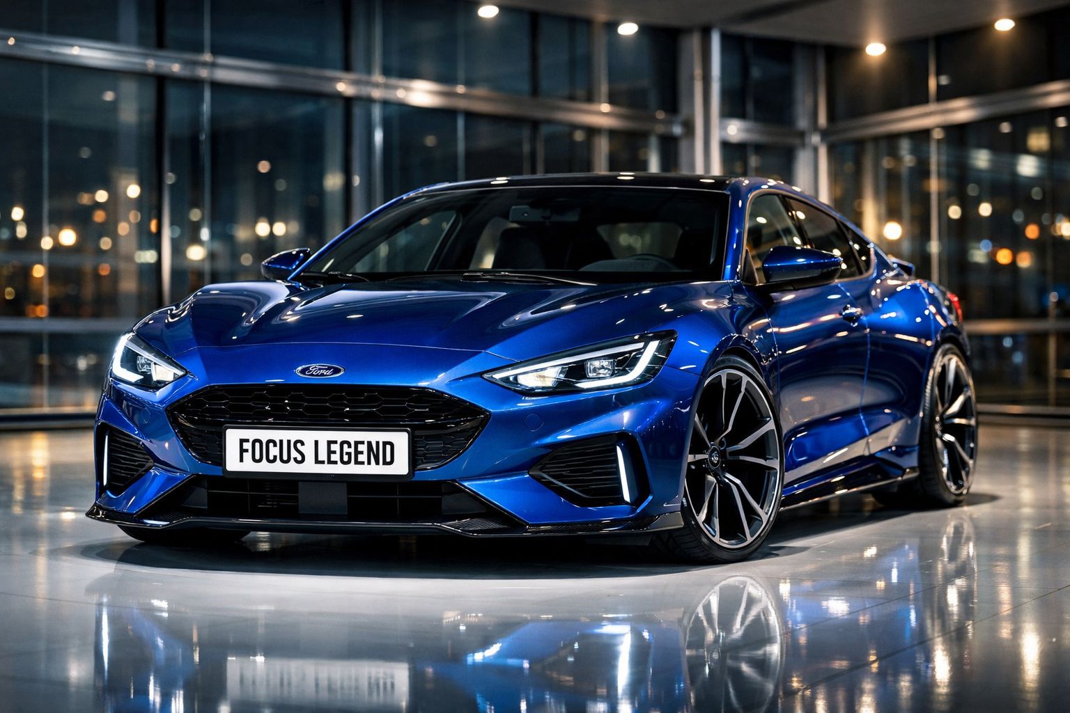 Carro desportivo azul Ford Focus Legend estacionado em interior moderno com reflexos no chão.