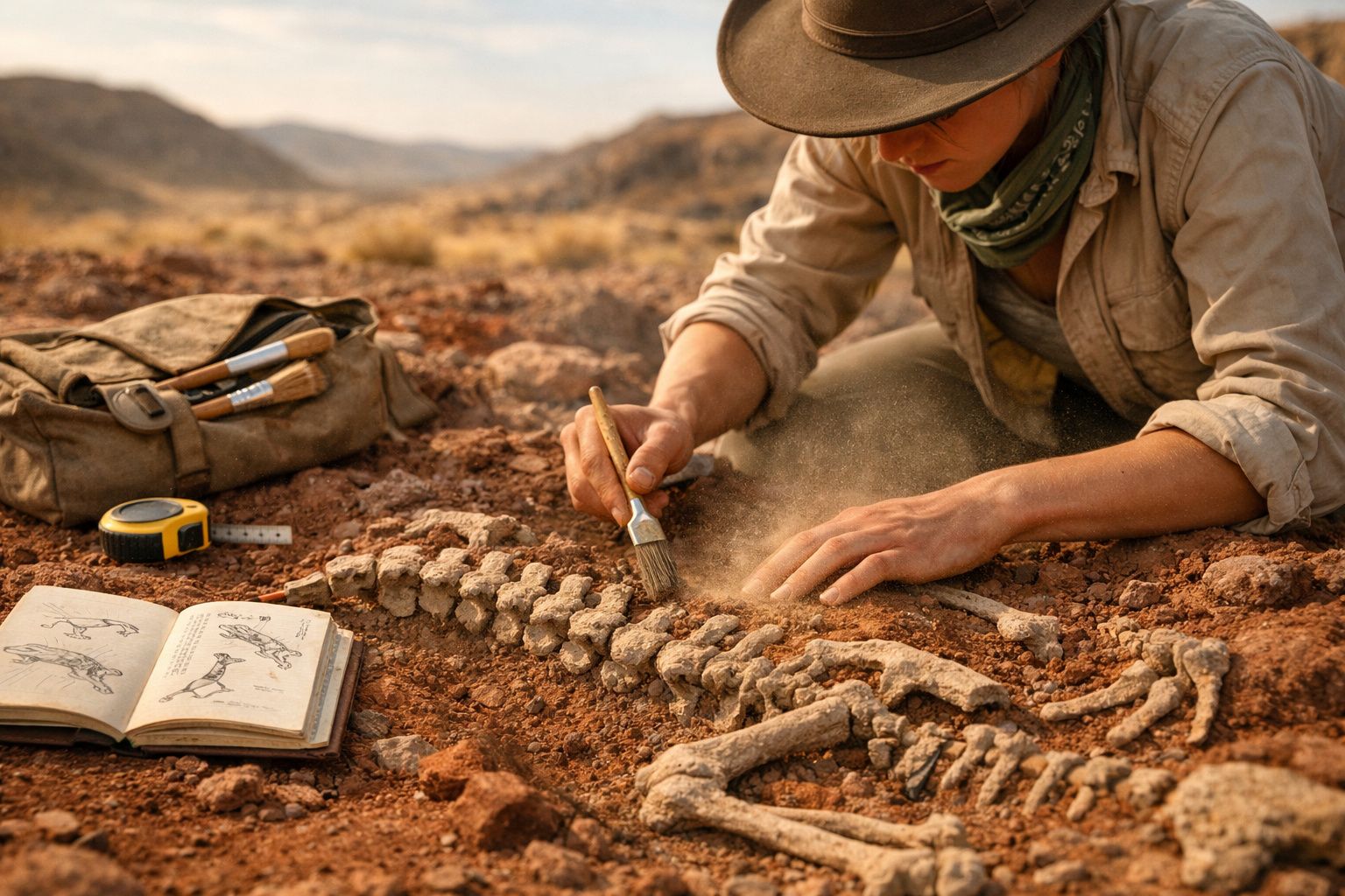 Arqueólogo a escavar delicadamente um esqueleto fóssil no deserto, com livro de referência aberto ao lado.