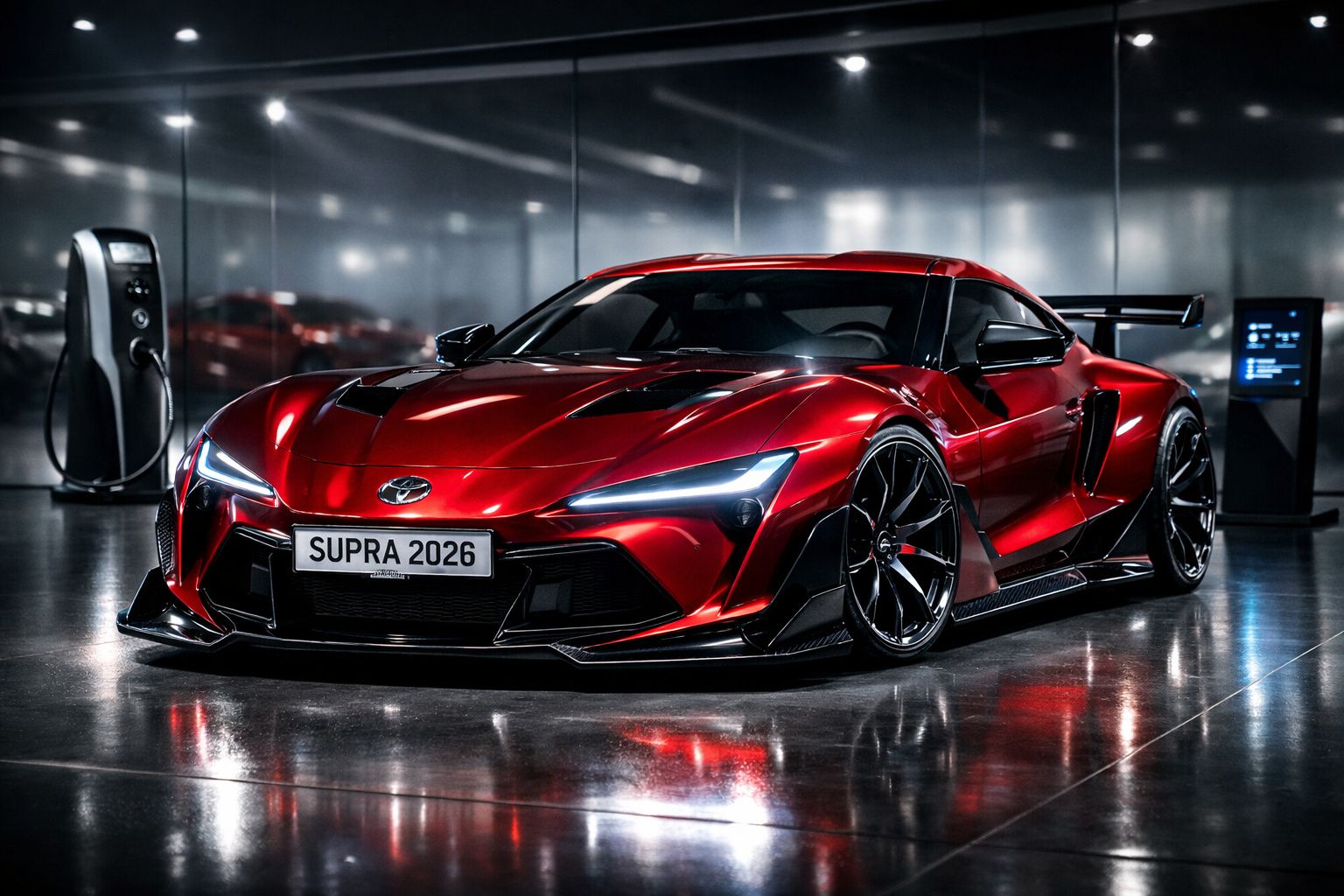 Carro desportivo vermelho Toyota Supra 2026 estacionado em oficina moderna com carregador elétrico.