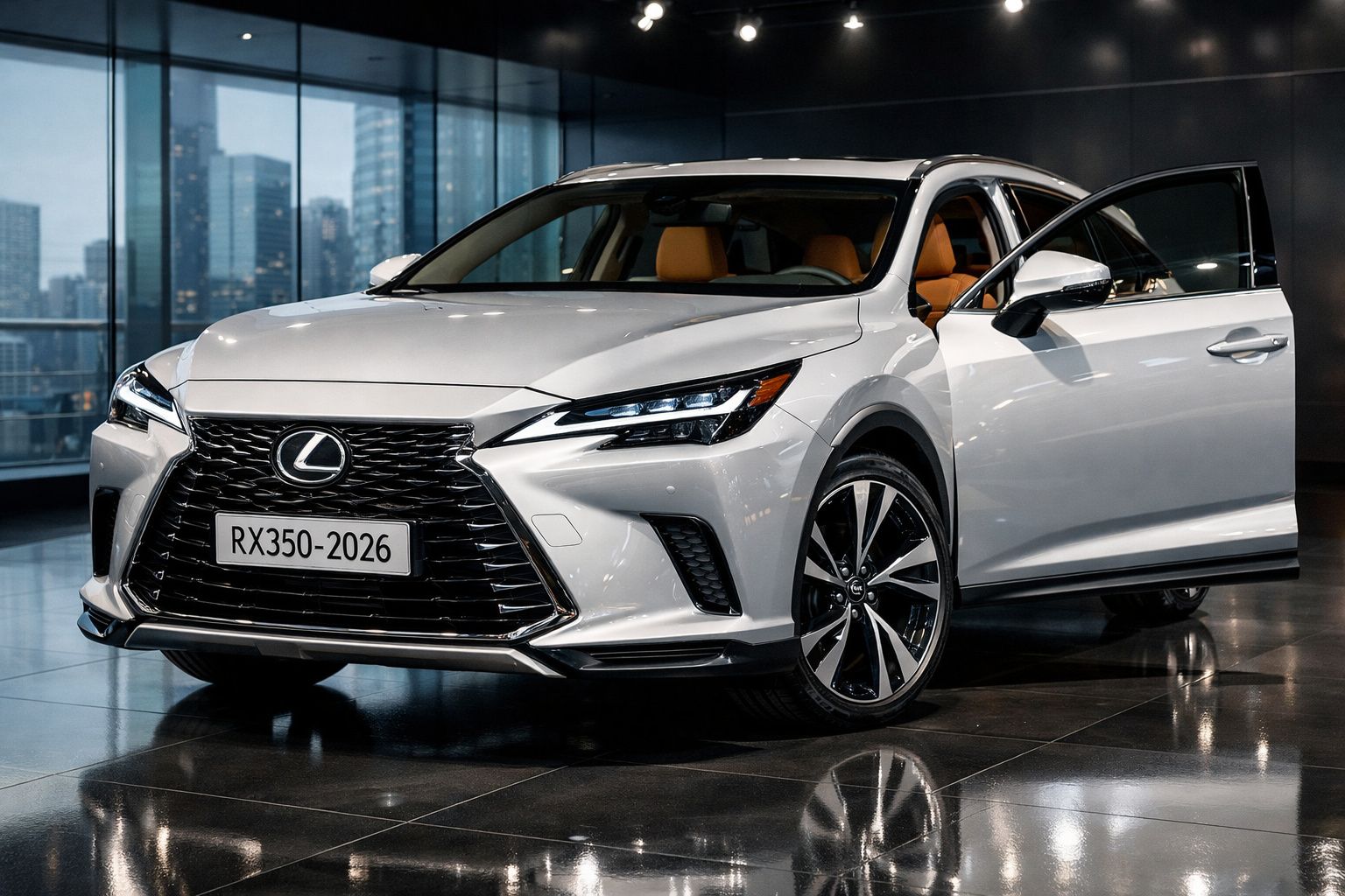 SUV Lexus RX350 branco estacionado no interior com porta dianteira aberta e vista de cidade ao fundo.