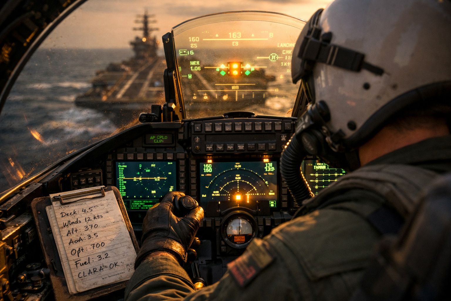 Piloto militar em cockpit de helicóptero com painéis digitais, óculos de visão e caderno de notas ao pôr do sol.