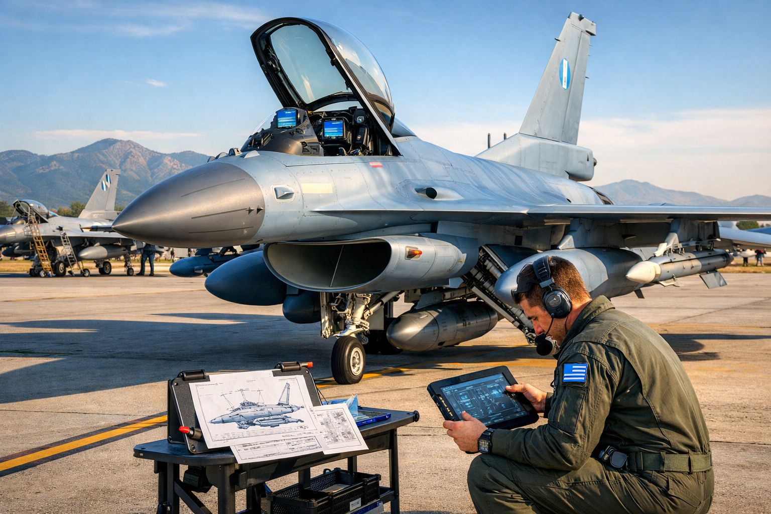 Militar com fato de voo e auscultadores usa tablet junto a jato militar estacionado numa pista de aeroporto, com montanhas ao