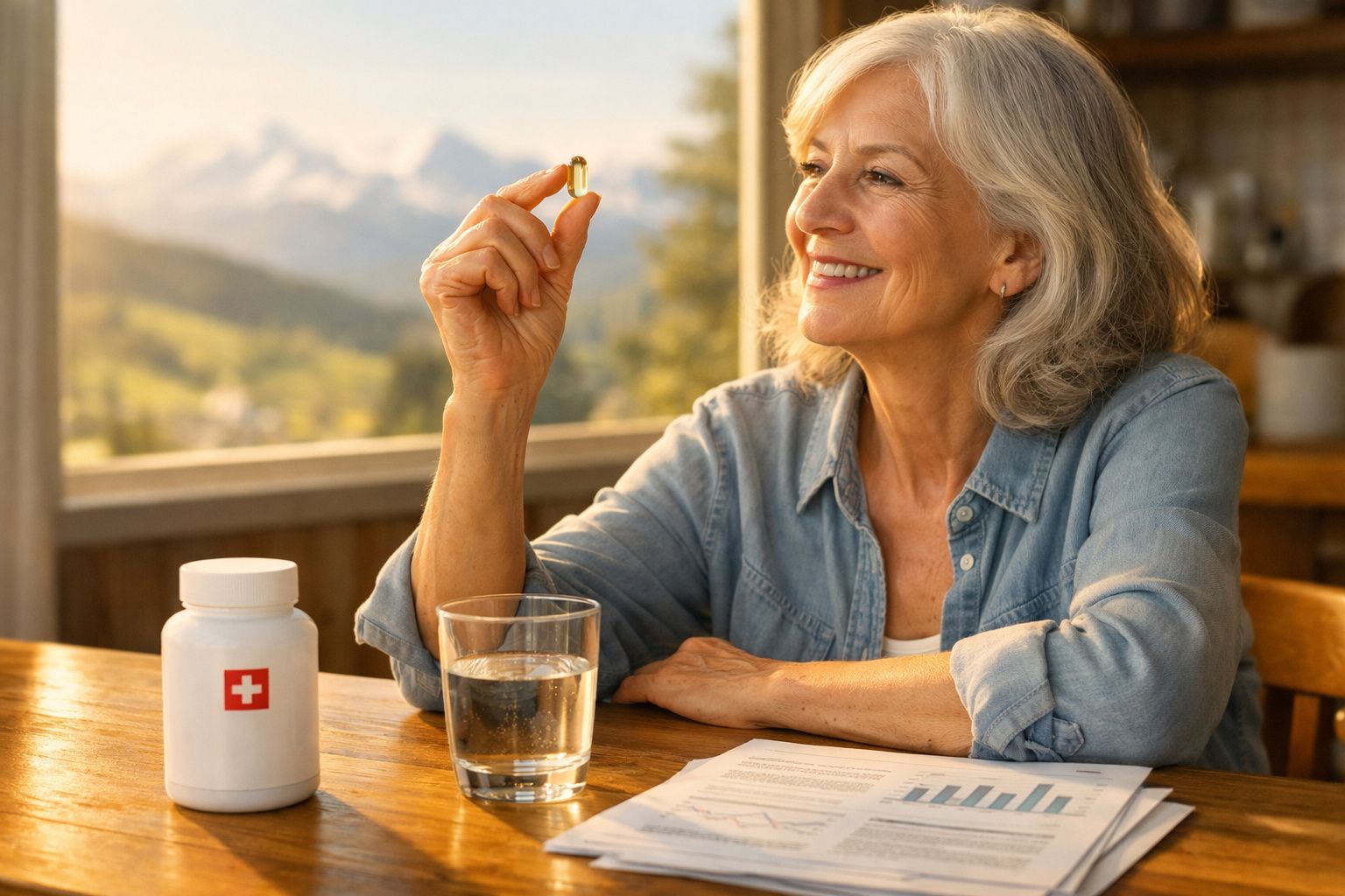Mulher sorridente a segurar cápsula de suplemento, com frasco, copo de água e documentos numa mesa.