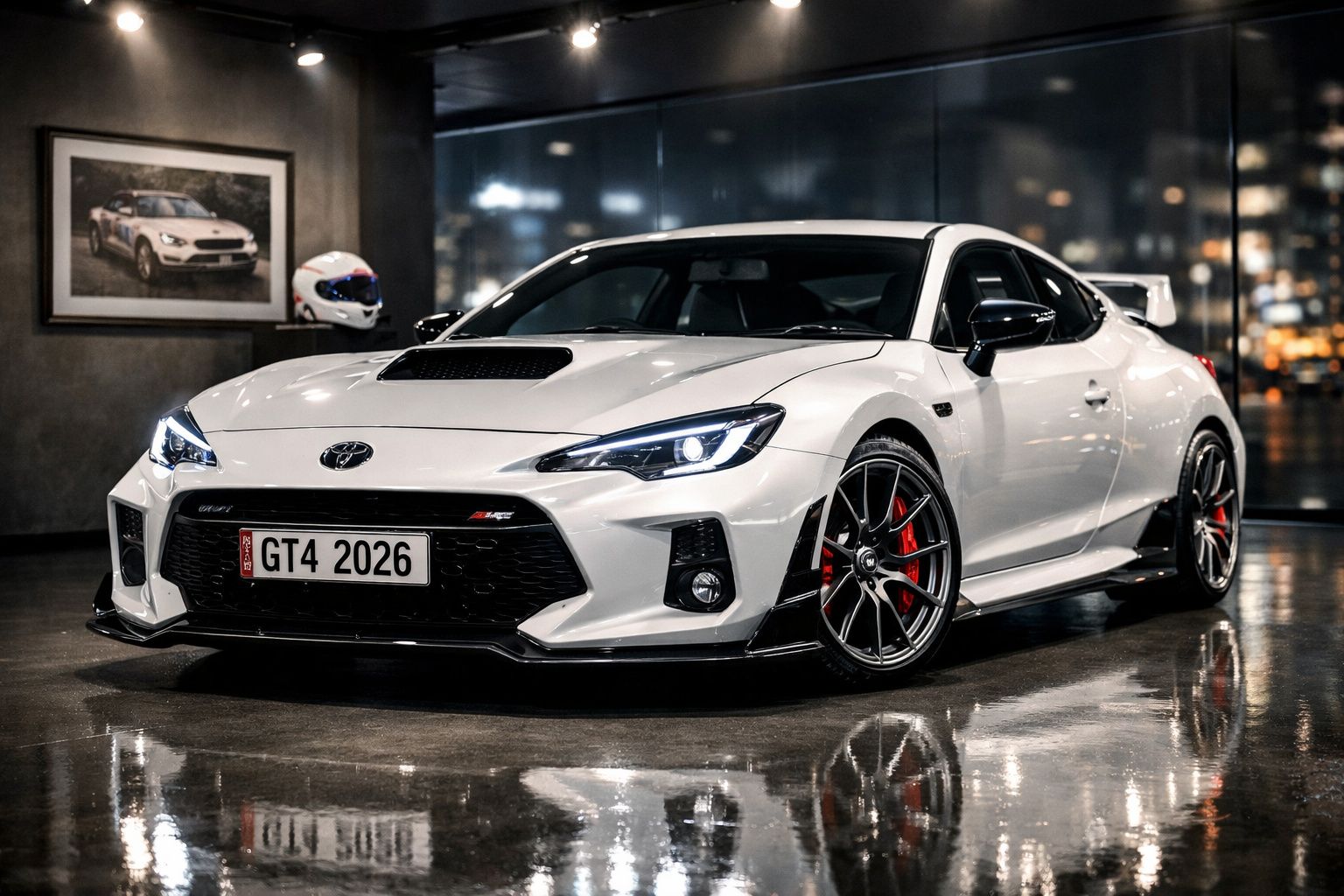 Carro desportivo branco Toyota GR86 estacionado em garagem com piso refletor e capacete ao fundo.