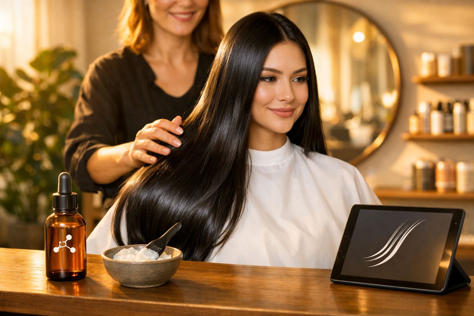 Mulher sorridente com cabelo longo e brilhante a receber tratamento de cabelo num salão de beleza.