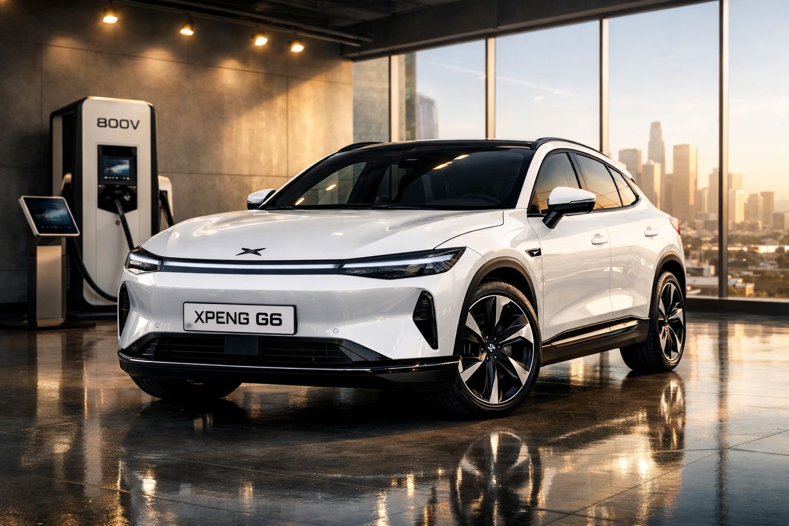 Carro elétrico branco XPeng G6 estacionado no interior com estação de carregamento e vista urbana ao fundo.
