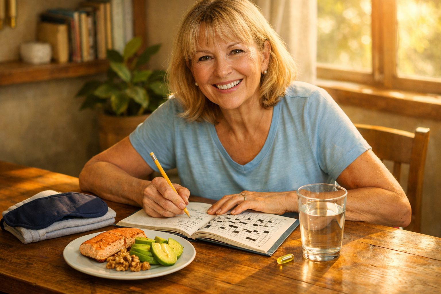 Mulher sorridente a fazer passatempo numa mesa com comida saudável e um copo de água junto a uma janela.