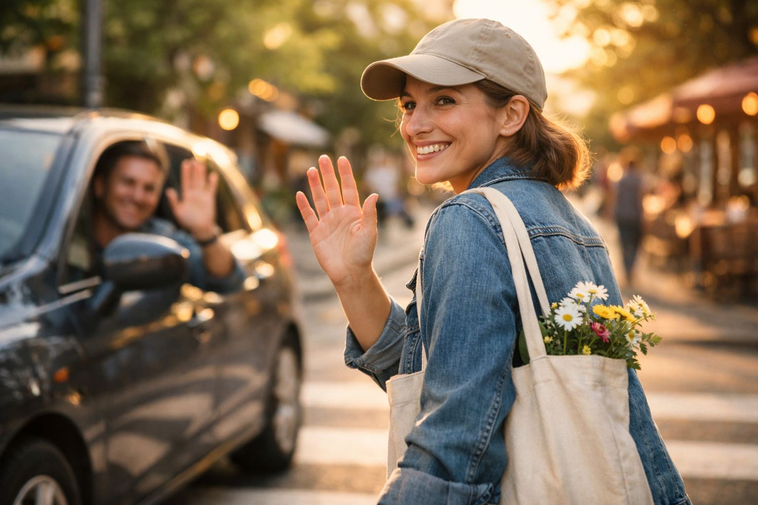 Mulher sorridente a acenar para pessoa num carro, com saco de pano e flores nas costas, ao ar livre.