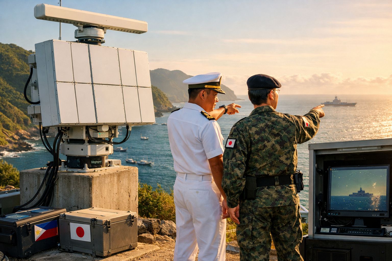 Dois militares, um naval e outro fardado, observam e apontam para um navio no mar ao pôr do sol.