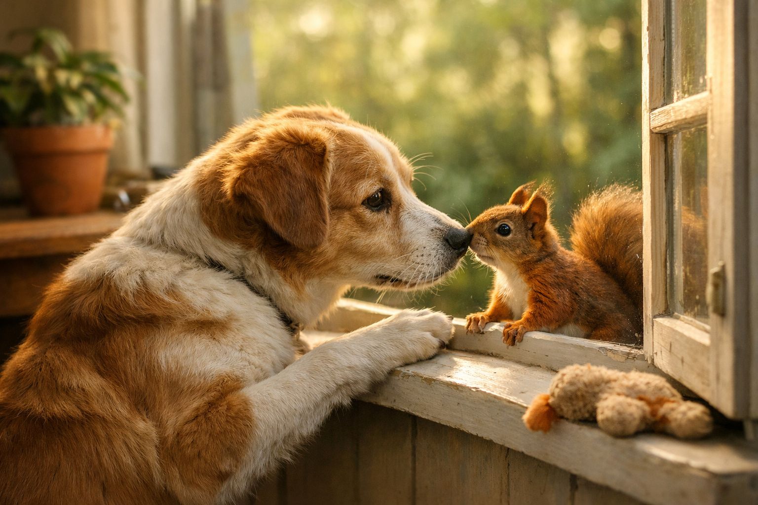 Cão castanho e branco e esquilo castanho com orelhas empoleirados na janela num momento terno e de curiosidade.
