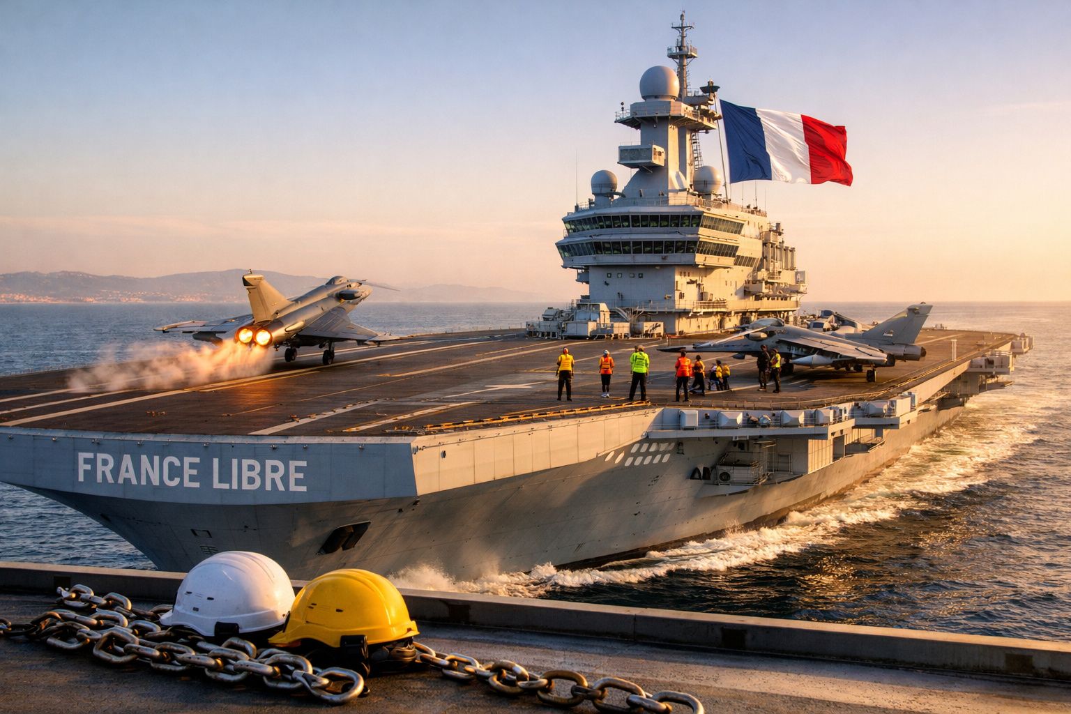 Porta-aviões francês com caça a descolar e tripulação na pista ao pôr do sol, bandeira nacional visível.