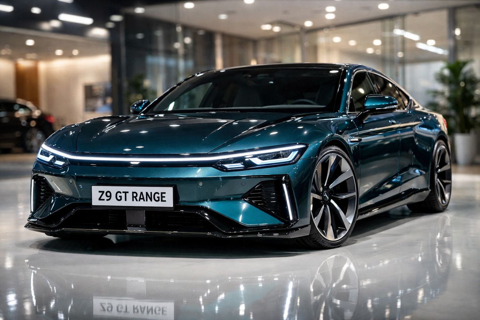 Carro desportivo elétrico azul metálico Z9 GT RANGE em salão moderno com piso refletor.