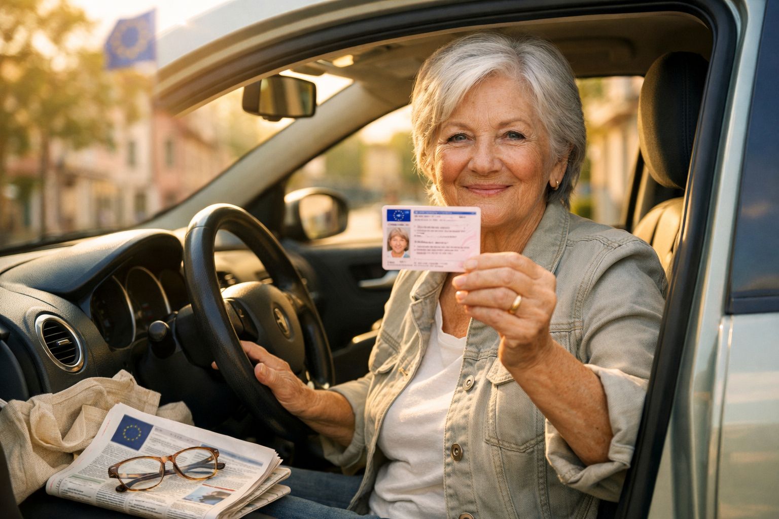 Mulher idosa sorridente dentro de carro, mostrando uma carta de condução europeia.