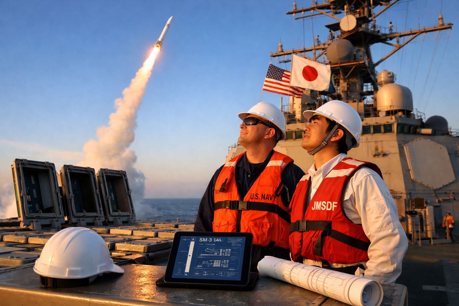 Dois militares com capacetes e coletes, um com bandeira dos EUA, outro do Japão, observam lançamento de míssil no mar.