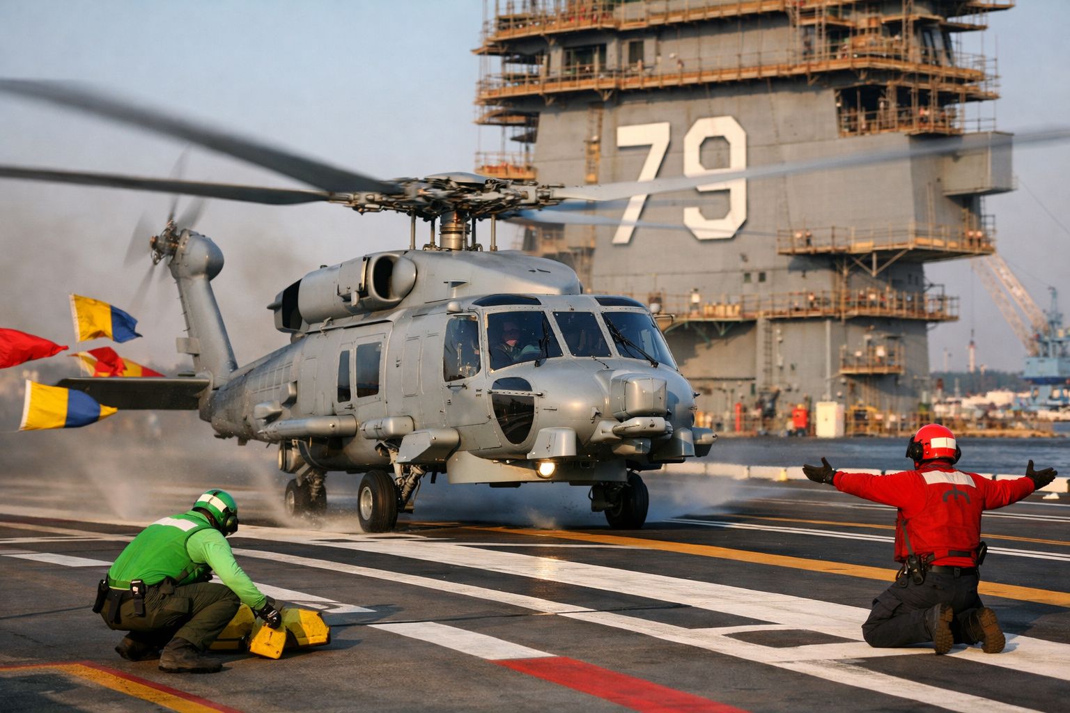 Helicóptero militar cinzento a pousar em porta-aviões com tripulantes coordenando a aterragem.