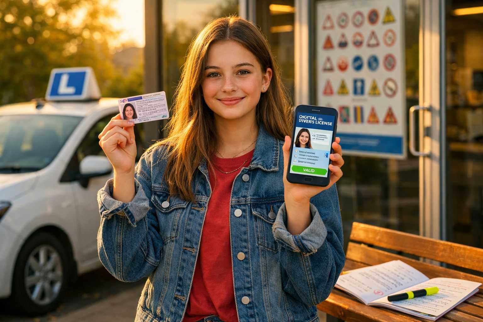 Jovem segura carta de condução física e digital, com carro de aprendizagem ao fundo.
