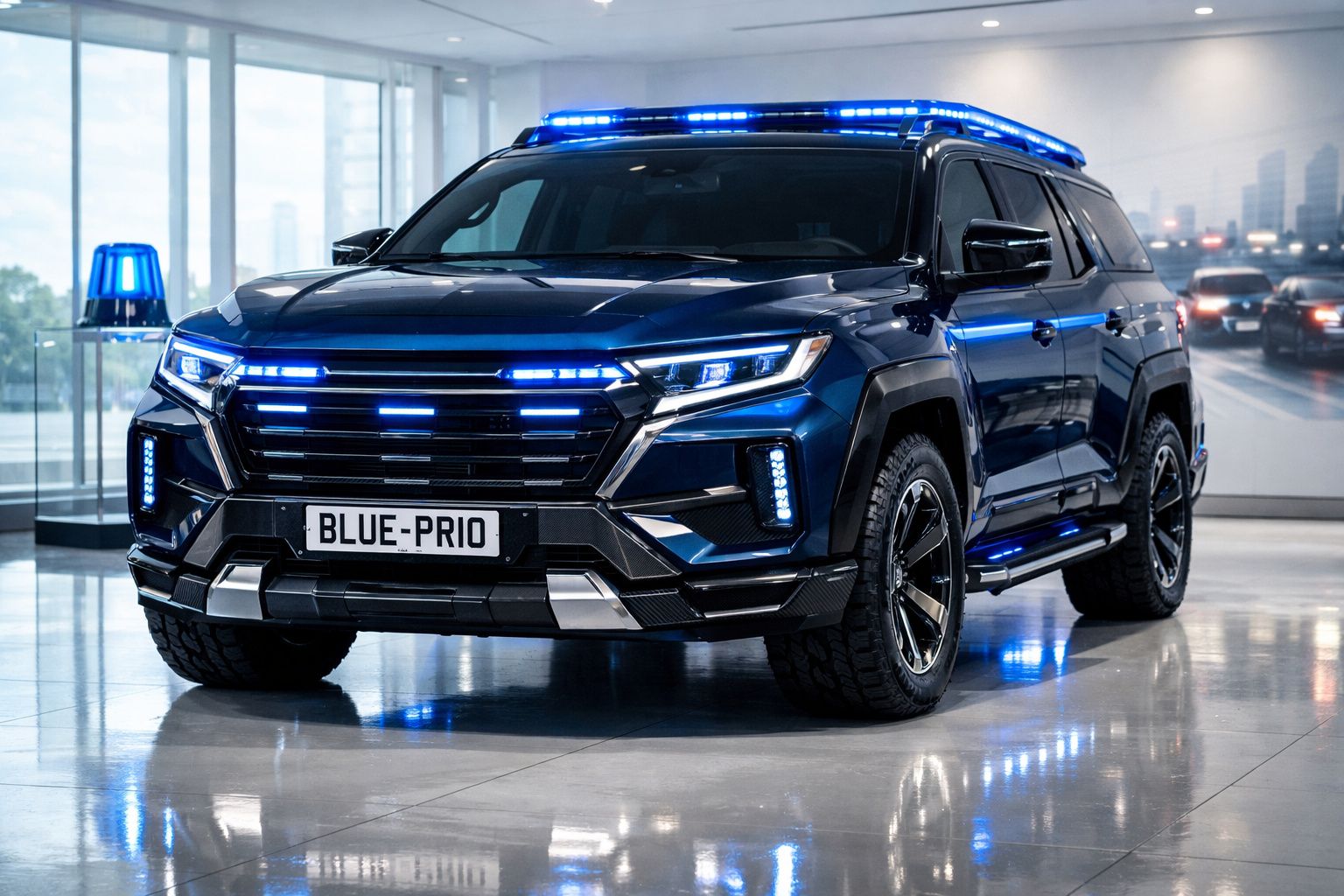 Automóvel SUV preto com luzes LED azuis, características de viatura policial, estacionado em espaço interior com chão refleto