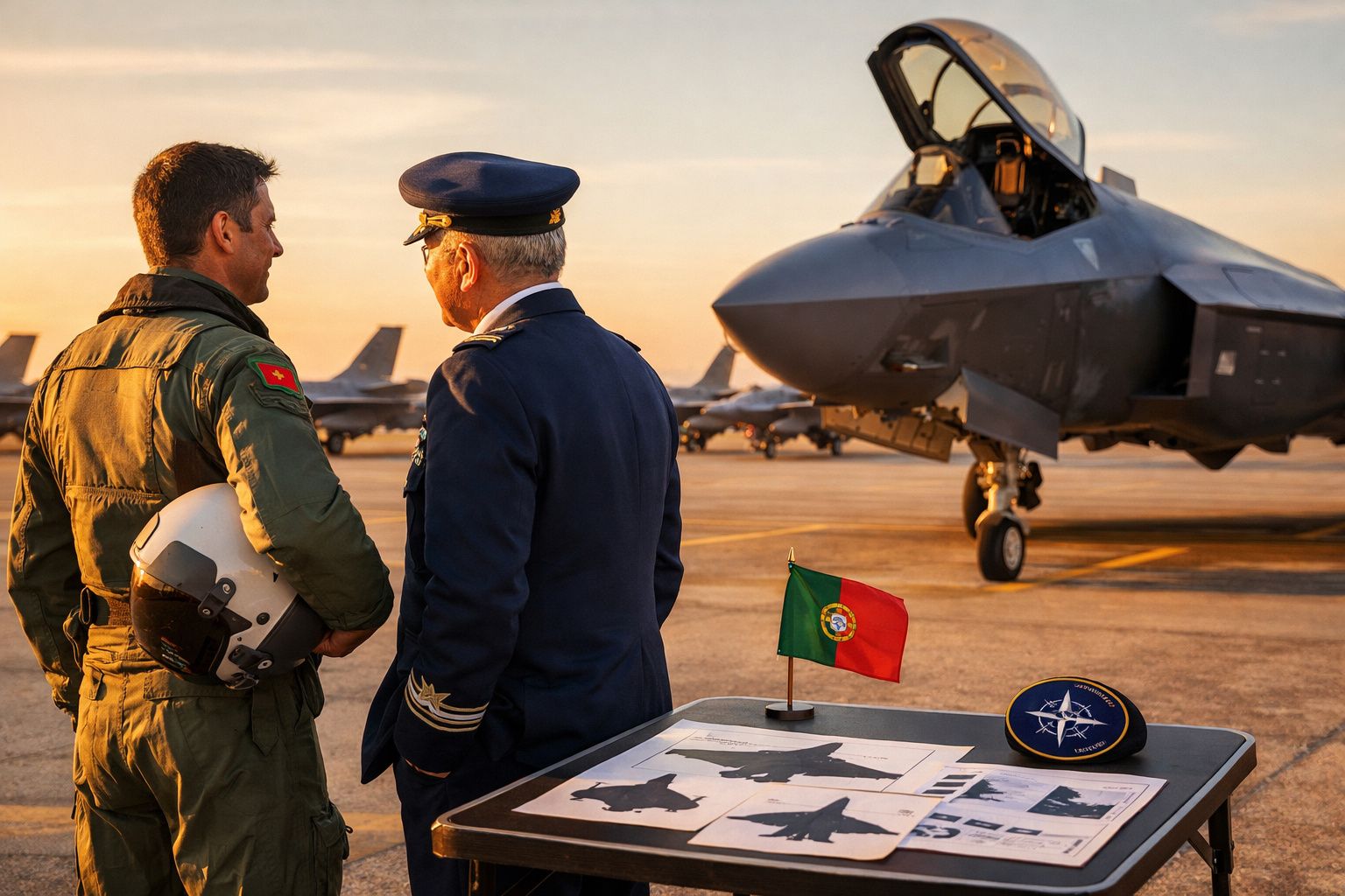 Dois militares portugueses de frente para jatos de combate numa pista de aeroporto ao pôr do sol, com bandeira de Portugal na