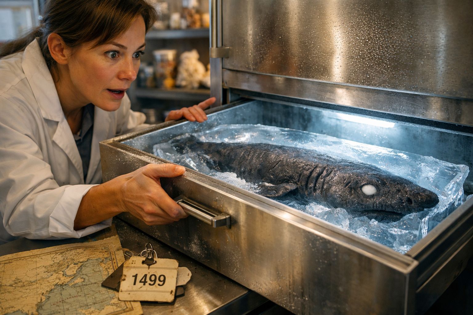 Mulher em bata branca observa com surpresa tubarão preservado em bloco de gelo dentro de caixa metálica.