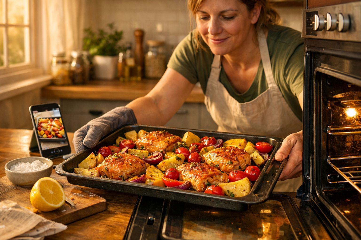 Mulher a retirar do forno um tabuleiro com frango assado, batatas e legumes num ambiente de cozinha acolhedora.