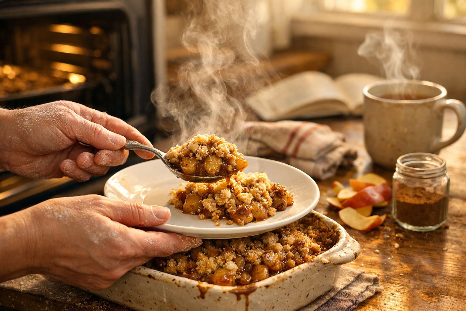 Mãos a servir cremoso crumble quente de maçã numa mesa rústica com chá e especiarias ao fundo.