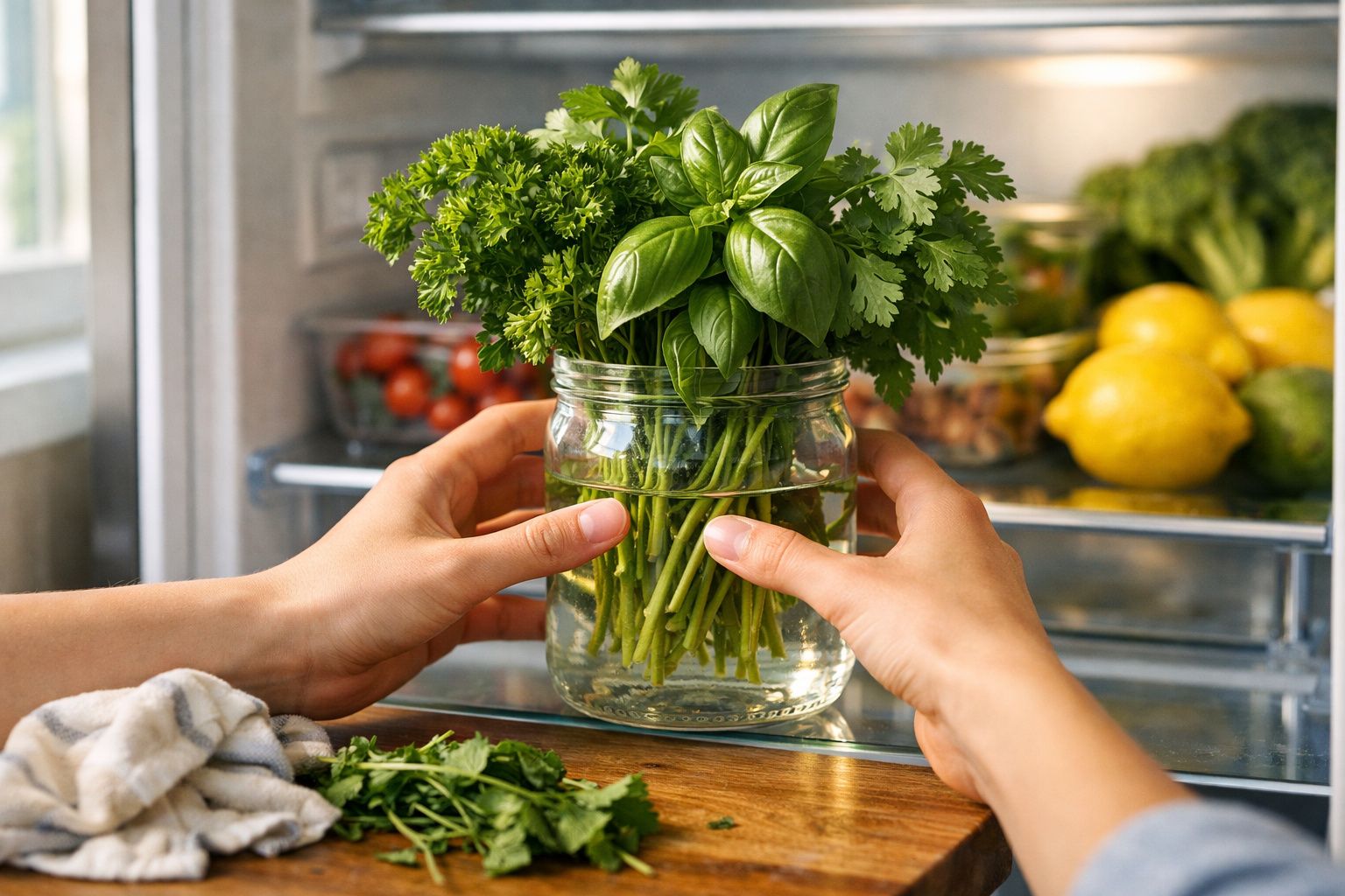 Mãos a colocar frasco com ervas frescas, como manjericão e coentro, na prateleira do frigorífico.