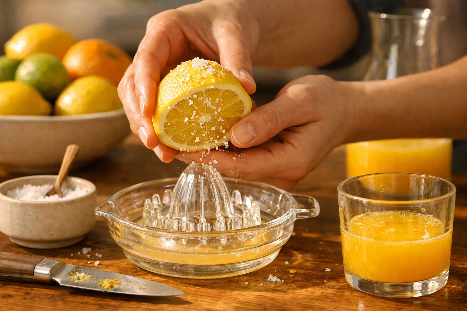 Pessoa a espremer limão com sal grosso sobre espremedor de vidro, com copo de sumo e tigela de sal ao lado.