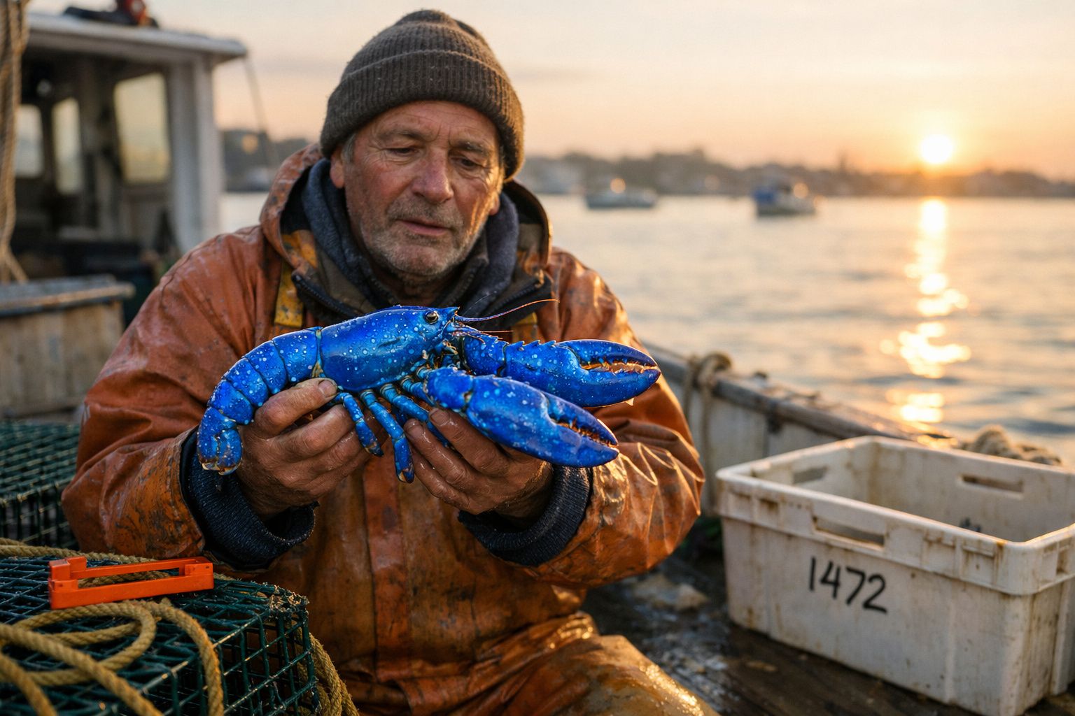 Pescador segurando uma lagosta azul no convés de um barco ao pôr do sol.