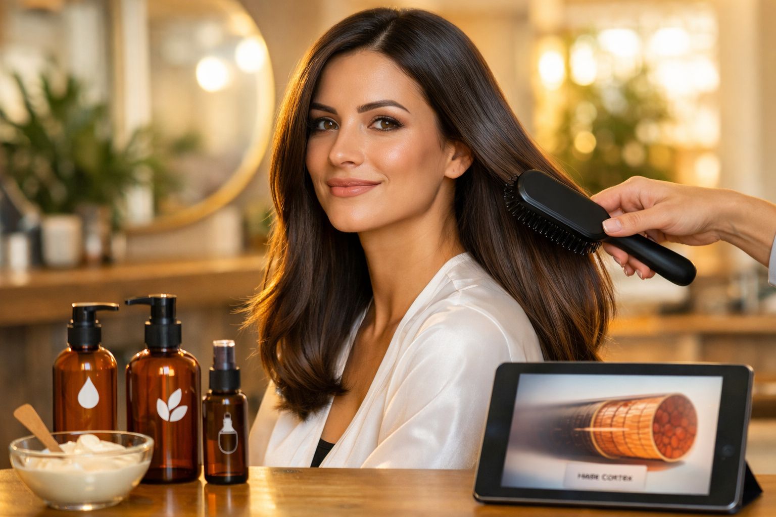 Mulher sorridente com cabelo longo sendo penteada num ambiente confortável com produtos de cabelo à frente.