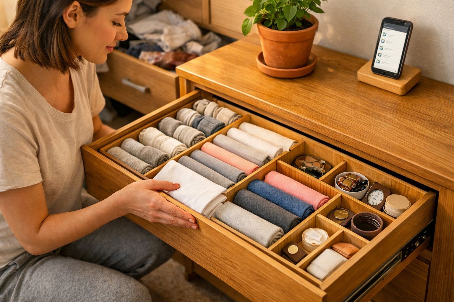Pessoa a organizar gaveta com roupas dobradas e acessórios numa cómoda de madeira clara.
