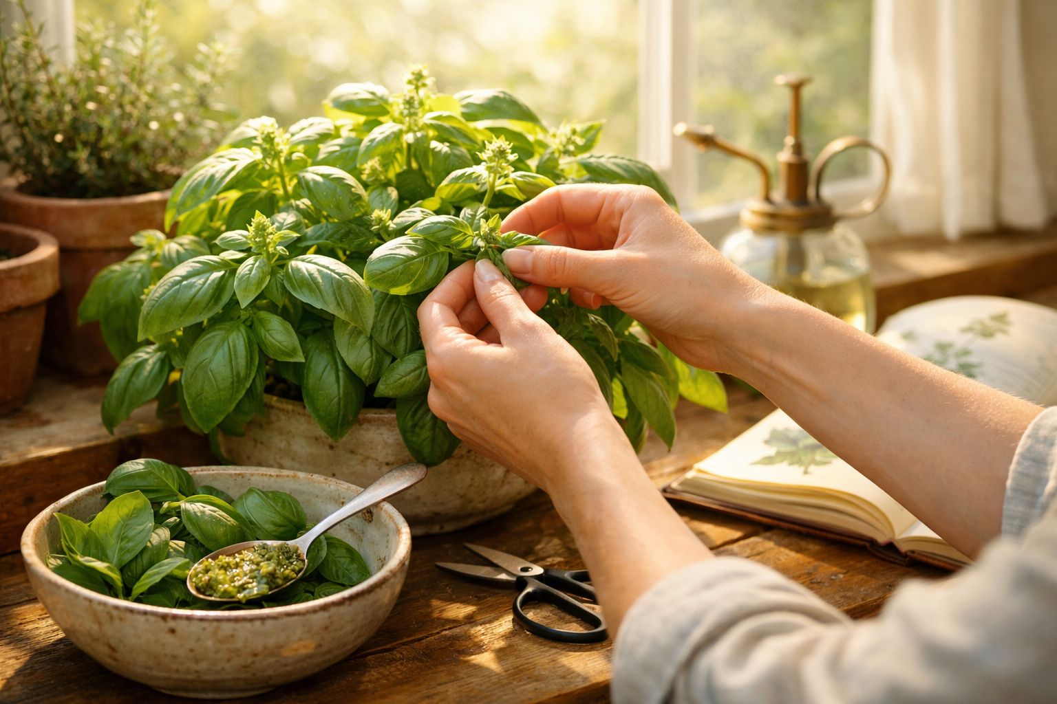 Mãos a colher folhas de manjericão fresco numa planta, com um livro aberto e utensílios de cozinha ao lado.