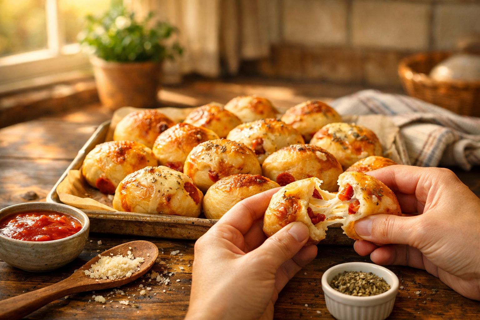 Pão de queijo recheado com queijo e chouriço, servido numa tabuleiro com molho de tomate e ervas.