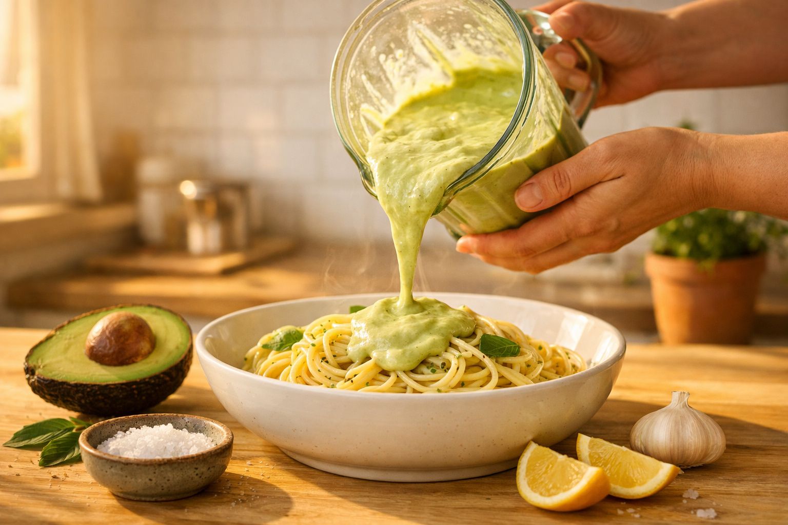 Molho cremoso de abacate a ser colocado sobre prato de esparguete, com alho, limão e sal à volta na mesa.
