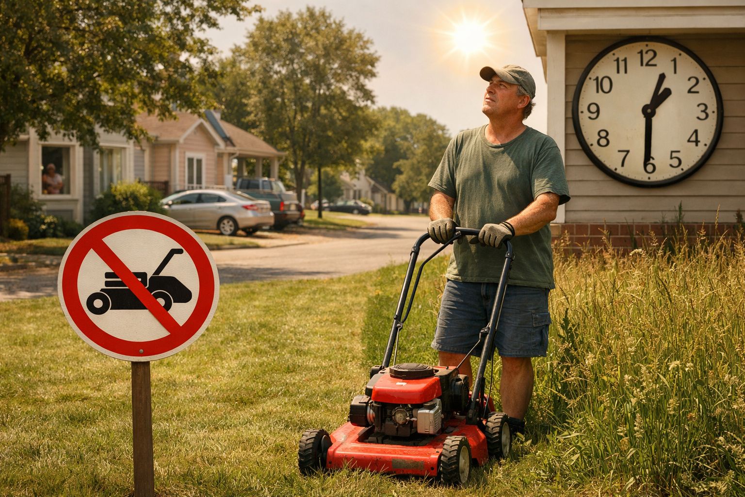 Homem com cortador de relva parado junto a placa de proibição e relógio a indicar meio-dia.