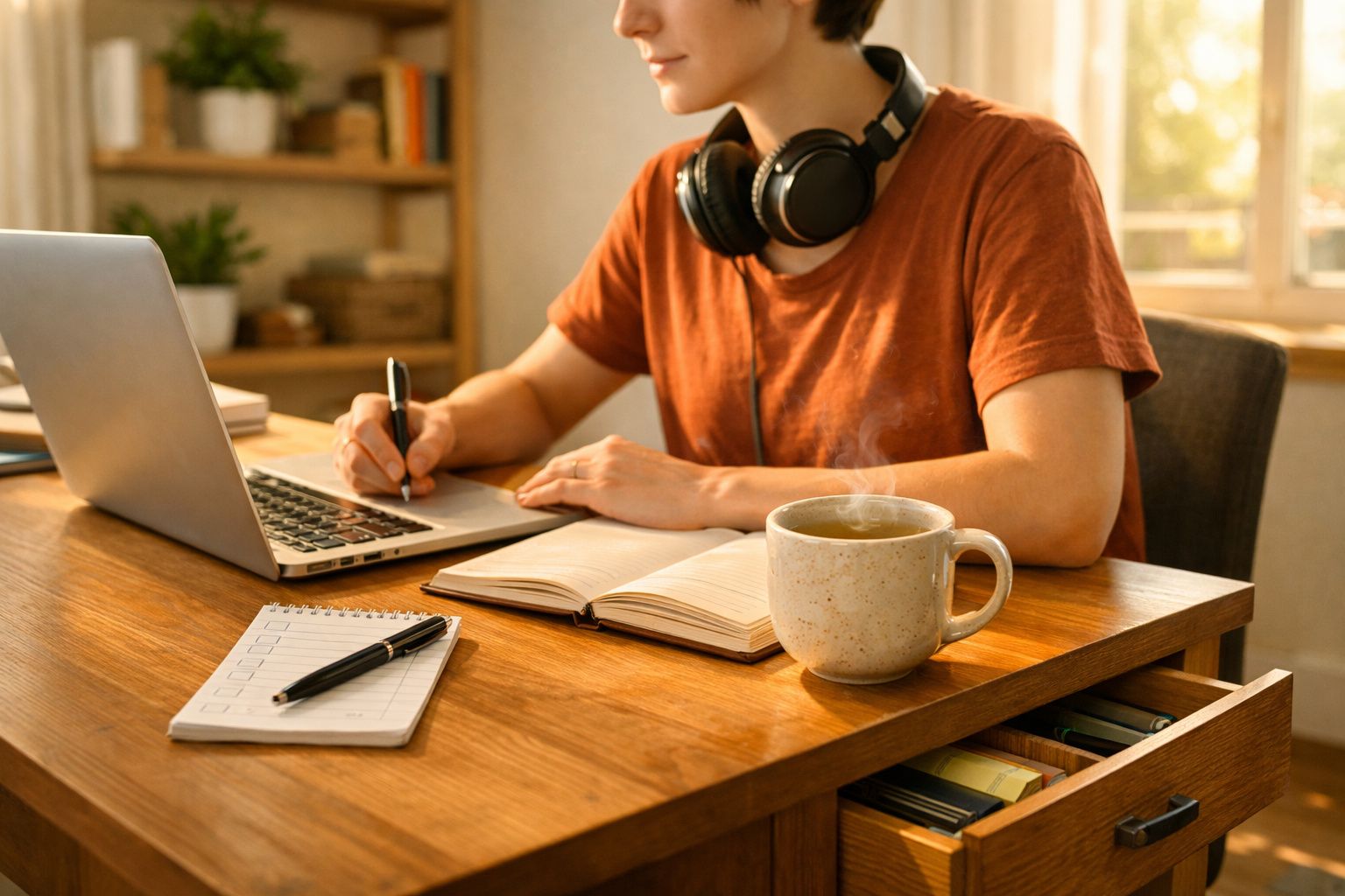 Pessoa com auscultadores a escrever num caderno à frente de um computador portátil, com chá quente numa chávena.