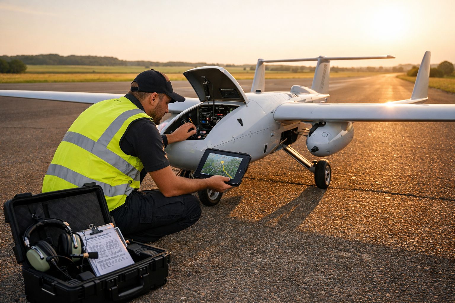 Homem com colete refletor verifica drone grande branco no aeroporto ao pôr do sol segurando tablet.