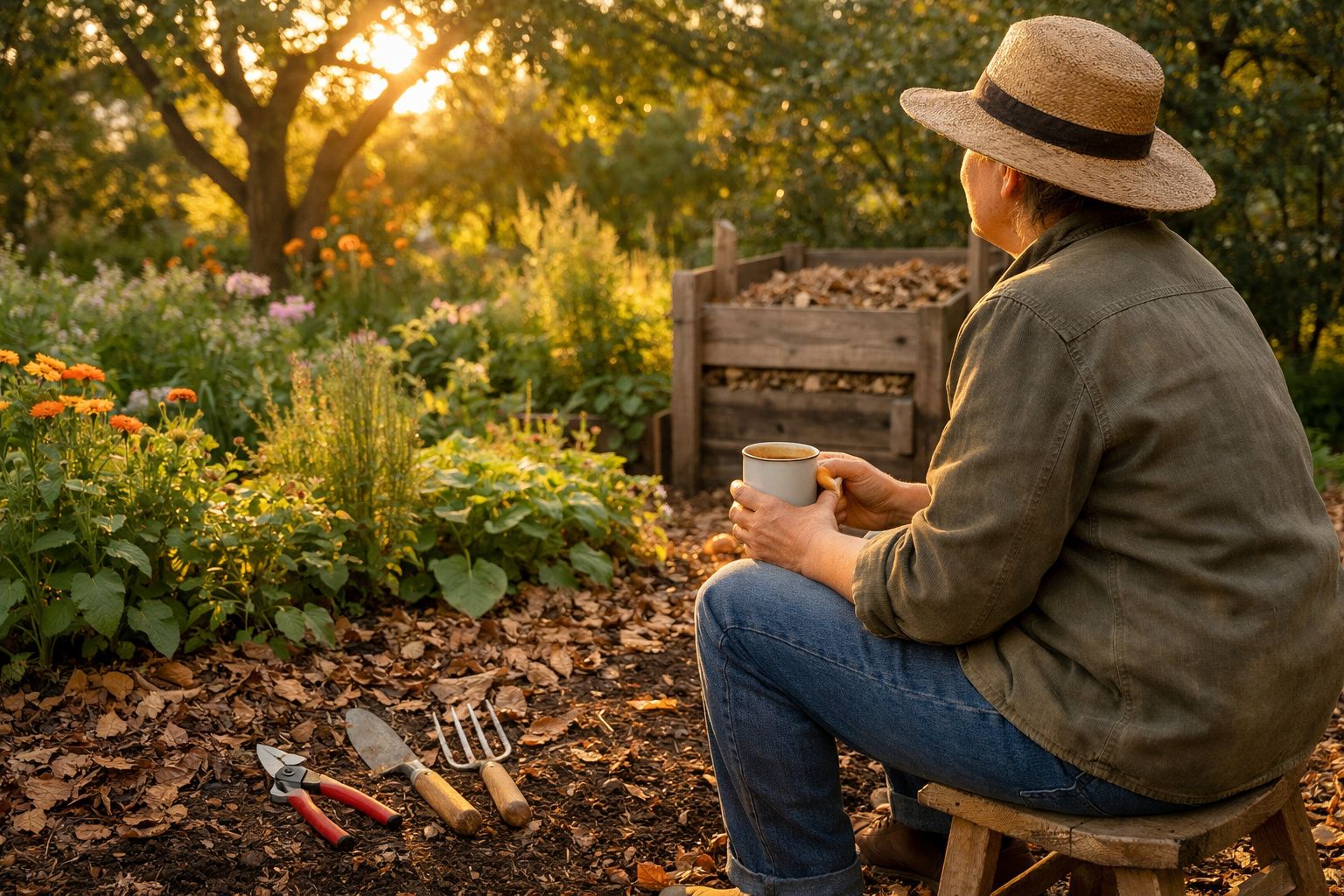 Pessoa sentada de chapéu a descansar num jardim, segurando caneca, com ferramentas de jardinagem no chão.
